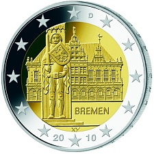 Freigestalte 2-Euro-Gedenkmünze mit dem Rathaus und dem Roland