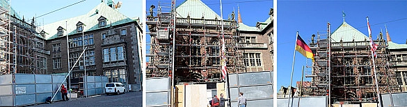 Die Ersatzfahnenmasten werden auf dem Grasmarkt aufgestellt und mit einer Probebeflaggung getestet Montag, 11. April 2016: Die Ersatzfahnenmasten sind auf dem Grasmarkt aufgestellt worden. Während der Dachsanierung können die Flaggen nicht wie gewohnt an der Rathausseite hin zum Marktplatz gehisst werden.