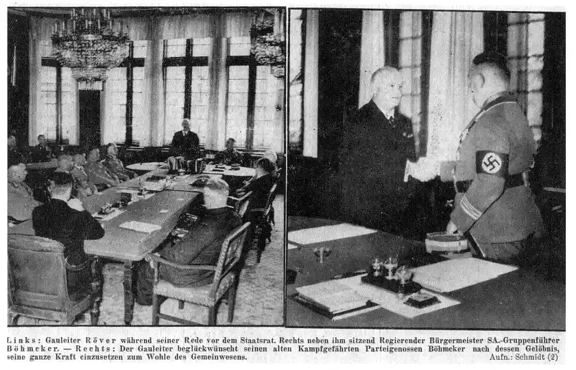 Fotos von der Amtseinführung Böhmckers am 24. Juni 1937 im Rathaus. Gauleiter und Reichsstatthalter Carl Röver (stehend bzw. links), hatte Böhmckers (rechts in Uniform) Amtseinführung gegen den Widerstand einzelner Senatoren und gegen den Willen Hitlers durchgesetzt