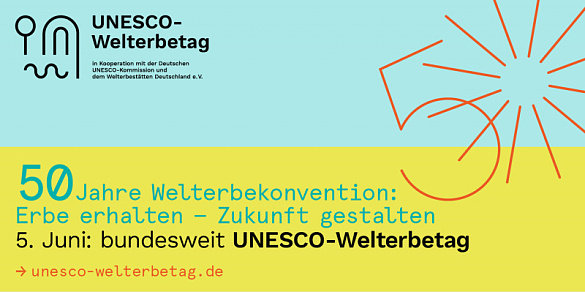 Logo des bundesweiten [ABK UNESCO; Organisation der Vereinten Nationen für Bildung, Wissenschaft, Kultur und Kommunikation]-Welterbetages am 5. Juni. Auf dem Logo steht ein Hinweis zu der Internetseite https://www.unesco-welterbetag.de 