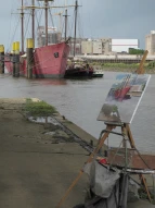 De Liefde, Kellogsblick - An der Weser, Staffelei von Frank Suplie (Foto von der Entstehung) 
&tilde; Bildnachweis: Overbeck Museum