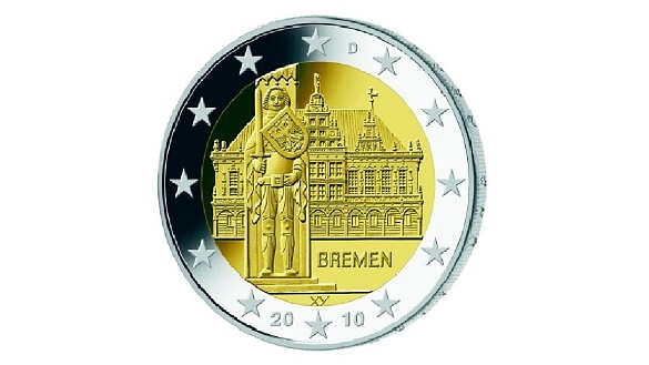 Freigestellte 2-Euro-Gedenkmünze von 2010 der Bundesländer Ausgabe 
˜ Bildnachweis: Künstler: Bodo Broschat, Berlin Foto: BADV.