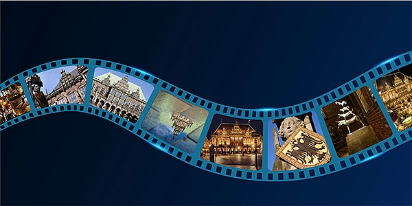 Filmstreifen mit verschiedenen Motiven vom Rathaus, Roland und den Stadtmusikanten