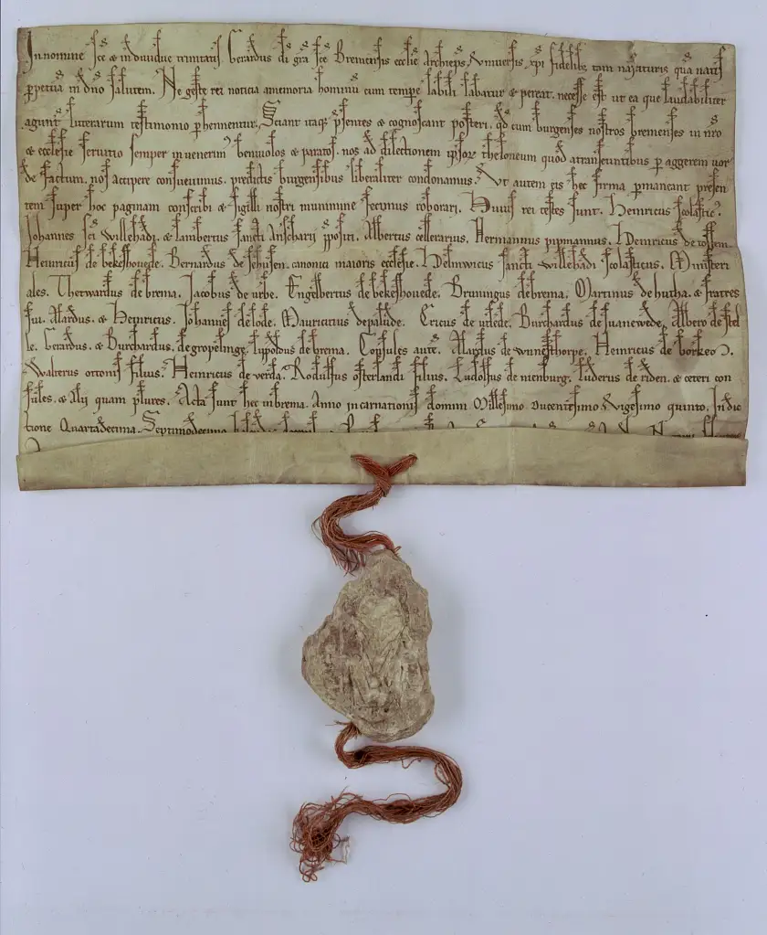 Urkunde, mit welcher Erzbischof Gerhard II. (1219 - 1258) die Bremer Bürger vom Zoll in Bremervörde befreite